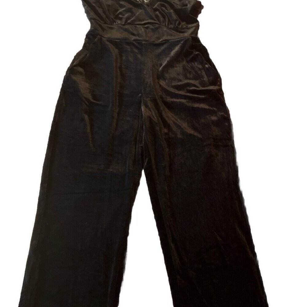 Davi & Dani Black Velvet Jumpsuit Elastic Waistband Women Jumpsuit Wide Leg S/M